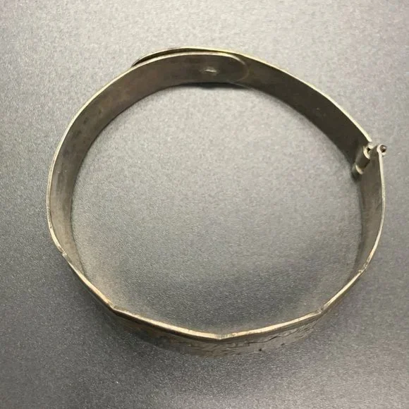 Vintage Sterling Silver Niello Hinge Cuff Bangle Boho Bracelet Flower Inlay - Picture 4 of 9